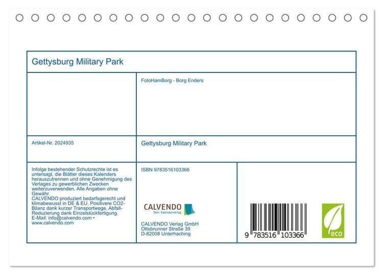 Produktbild: Gettysburg Military Park (Tischkalender 2026 DIN A5 quer), CALVENDO Monatskalender
