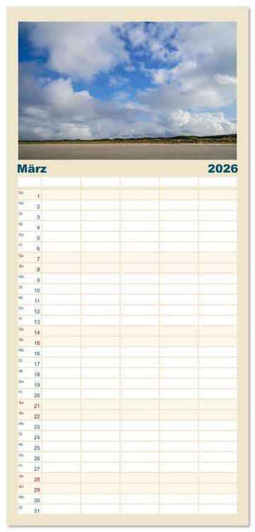 Produktbild: Familienplaner 2026 - Am Strand von Juist mit 5 Spalten (Wandkalender, 21 x 45 cm) CALVENDO
