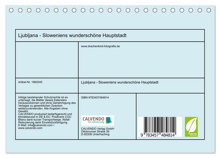 Produktbild: Ljubljana - Sloweniens wundersch&ouml;ne Hauptstadt (Tischkalender 2026 DIN A5 quer), CALVENDO Monatskalender