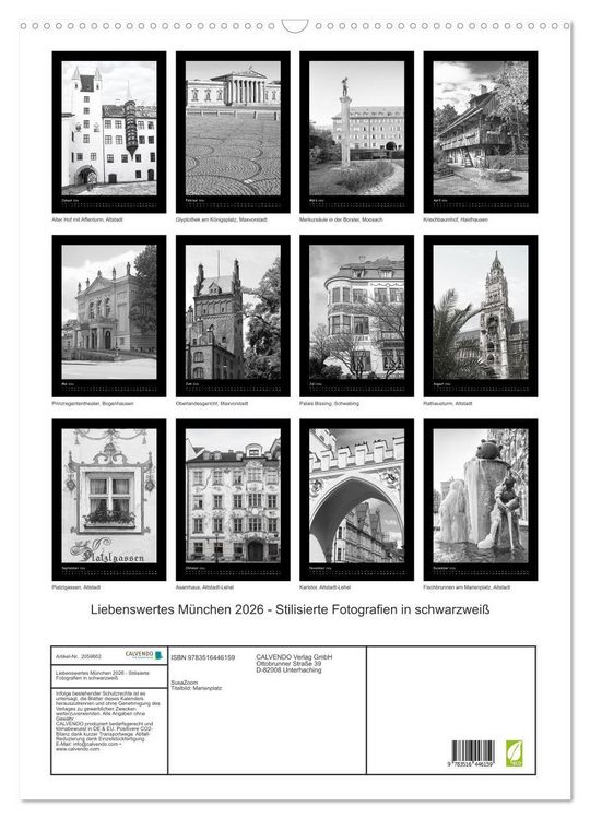Produktbild: Liebenswertes M&uuml;nchen 2026 - Stilisierte Fotografien in schwarzwei&szlig; (Wandkalender 2026 DIN A2 hoch), CALVENDO Monatskalender
