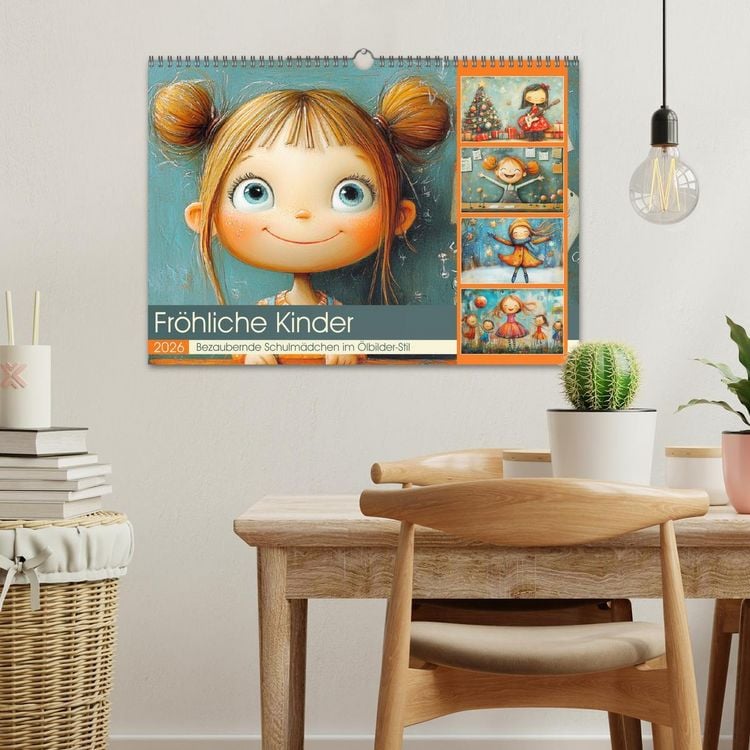 Produktbild: Fr&ouml;hliche Kinder. Bezaubernde Schulm&auml;dchen im &Ouml;lbilder-Stil (Wandkalender 2026 DIN A3 quer), CALVENDO Monatskalender