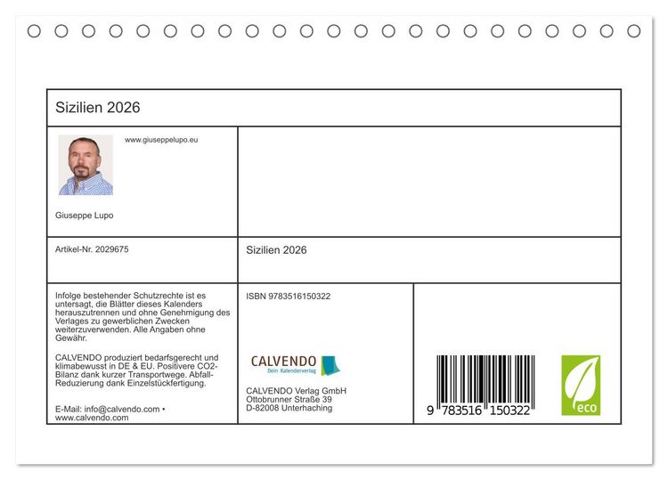 Produktbild: Sizilien 2026 (Tischkalender 2026 DIN A5 quer), CALVENDO Monatskalender