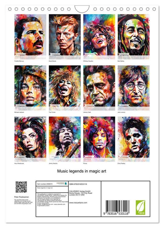 Produktbild: Music legends in magic art (Wall Calendar 2026 DIN A4 portrait), CALVENDO 12 Month Wall Calendar
