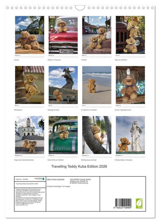 Produktbild: Travelling Teddy Kuba Edition 2026 (Wandkalender 2026 DIN A3 hoch), CALVENDO Monatskalender