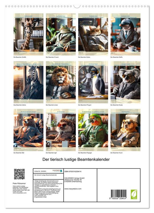 Produktbild: Der tierisch lustige Beamtenkalender (hochwertiger Premium Wandkalender 2026 DIN A2 hoch), Kunstdruck in Hochglanz