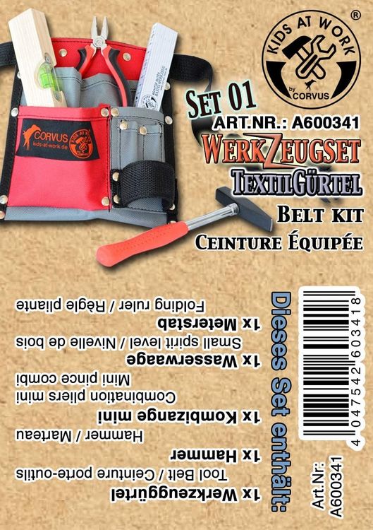 Produktbild: Corvus A600342 - Werkzeugg&uuml;rtel Textil mit 2 Schraubenzieher Kreuz PH1/PH2, Box Holzschrauben, Meterstab, Hammer