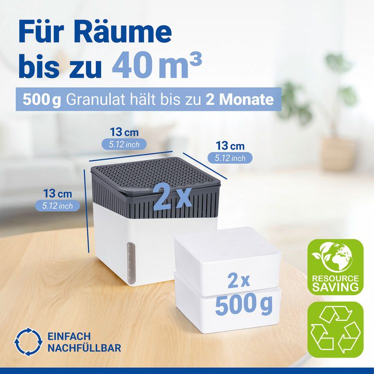 Produktbild: Raumentfeuchter Mod. Cube Wei&szlig; 500 g, 2er Set, beugt Schimmel und Ger&uuml;chen vor
