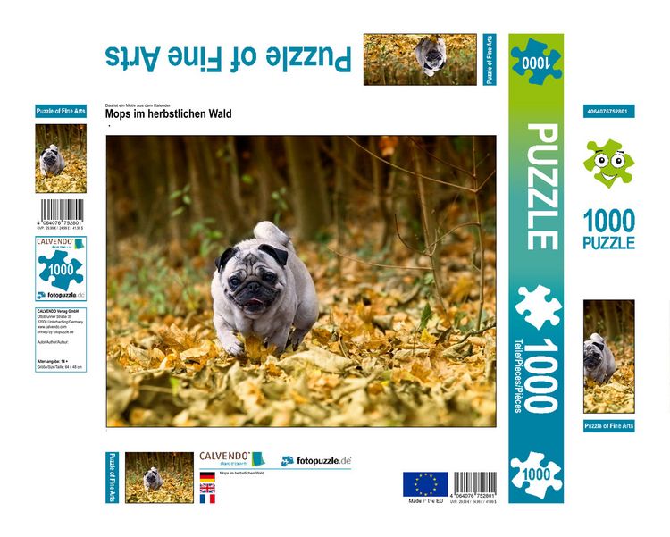 Produktbild: CALVENDO Puzzle Mops im herbstlichen Wald | 1000 Teile Lege-Gr&ouml;&szlig;e 64x48cm Foto-Puzzle f&uuml;r gl&uuml;ckliche Stunden
