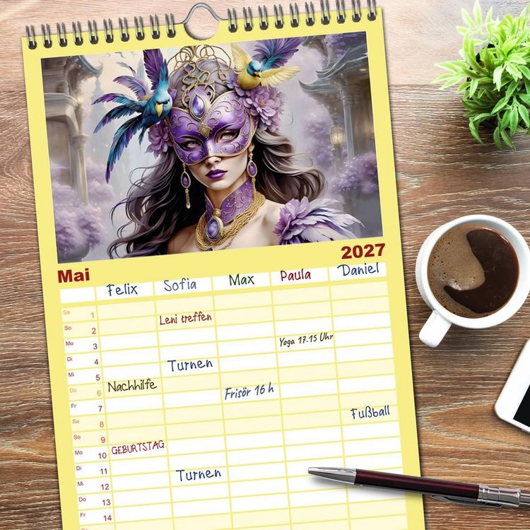 Produktbild: Familienplaner 2027 - Maskerade Deluxe mit 5 Spalten (Wandkalender, 21 x 45 cm) CALVENDO