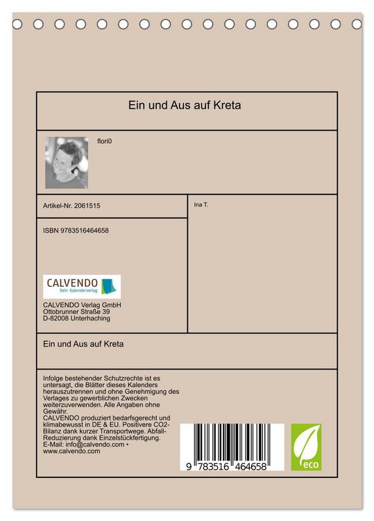 Produktbild: Ein und Aus auf Kreta (Tischkalender 2026 DIN A5 hoch), CALVENDO Monatskalender