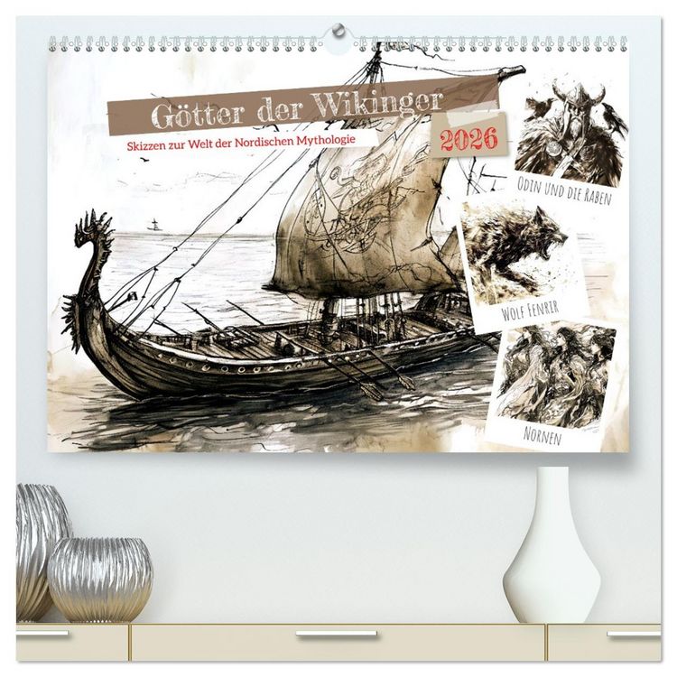 Produktbild: G&ouml;tter der Wikinger - Skizzen zur Welt der Nordischen Mythologie (hochwertiger Premium Wandkalender 2026 DIN A2 quer), Kunstdruck in Hochglanz