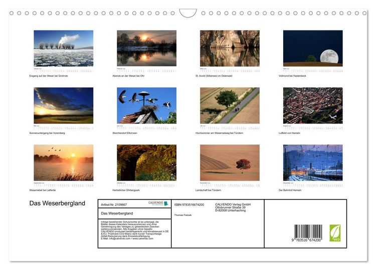 Produktbild: Das Weserbergland (Wandkalender 2026 DIN A3 quer), CALVENDO Monatskalender