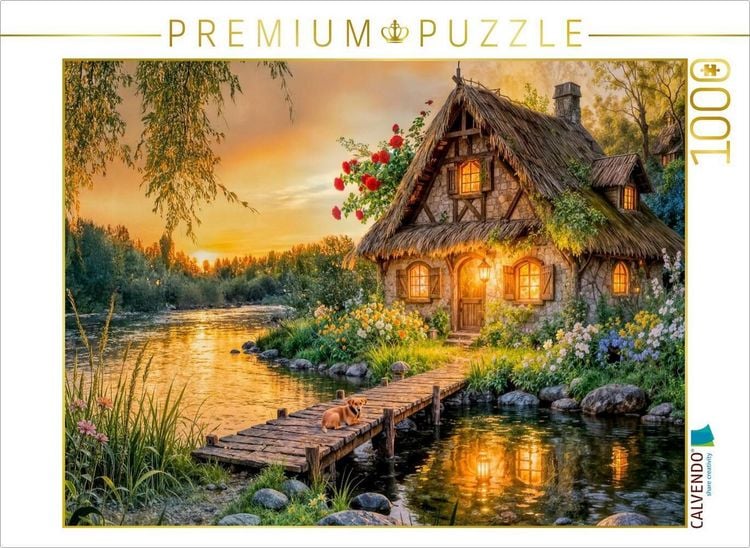 Produktbild: CALVENDO Puzzle Sp&auml;tsommer Cottage am Fluss mit Hund auf der Br&uuml;cke | 1000 Teile Lege-Gr&ouml;&szlig;e 64x48cm Foto-Puzzle f&uuml;r gl&uuml;ckliche Stunden