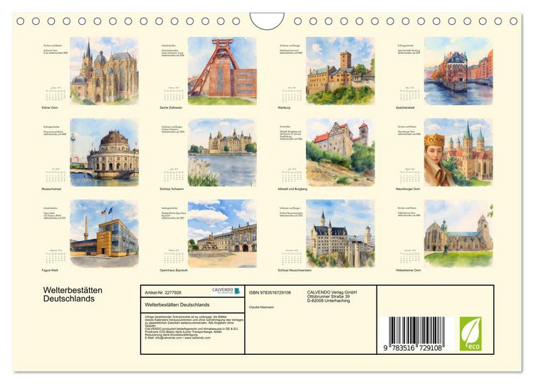 Produktbild: Welterbest&auml;tten Deutschlands (Wandkalender 2026 DIN A4 quer), CALVENDO Monatskalender