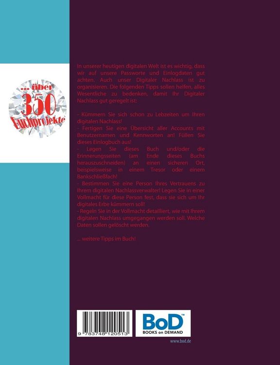 Produktbild: Passwort Liste/Buch - digitaler Nachlass/Erbe - Erinnerungsbuch - Nachschlagebuch - Notizbuch - Einlogbuch - Internet Organizer