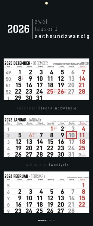 Bild vom Artikel 3-Monatskalender Black 2026 - Büro-Kalender 33x20 cm (geschlossen), 33x80 cm (geöffnet) - faltbar - mit Datumsschieber - Alpha Edition vom Autor Alpha Edition