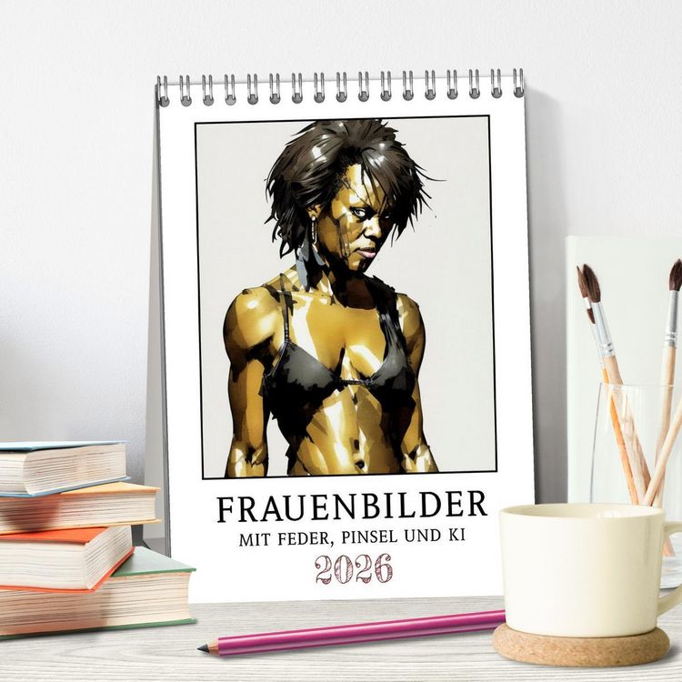Produktbild: Frauenbilder mit Feder, Pinsel und KI (Tischkalender 2026 DIN A5 hoch), CALVENDO Monatskalender