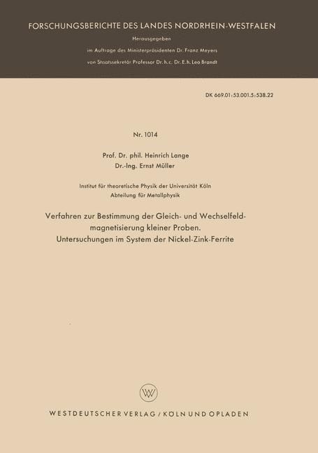 Produktbild: Verfahren zur Bestimmung der Gleich- und Wechselfeldmagnetisierung kleiner Proben. Untersuchungen im System der Nickel-Zink-Ferrite