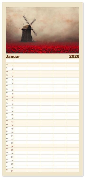 Produktbild: Familienplaner 2026 - Windgefl&uuml;ster-M&uuml;hlenimpressionen mit 5 Spalten (Wandkalender, 21 x 45 cm) CALVENDO