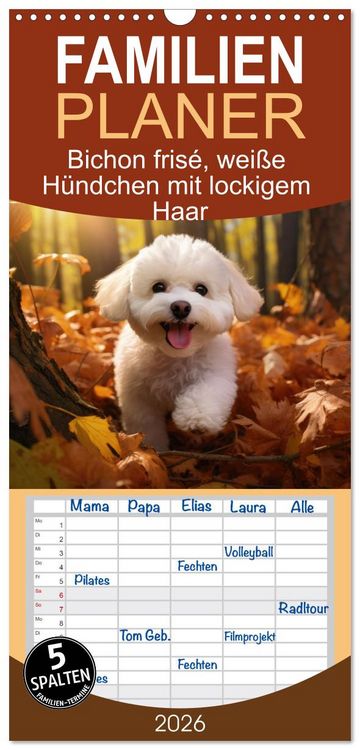 Produktbild: Familienplaner 2026 - Bichon fris&eacute;, wei&szlig;e H&uuml;ndchen mit lockigem Haar mit 5 Spalten (Wandkalender, 21 x 45 cm) CALVENDO