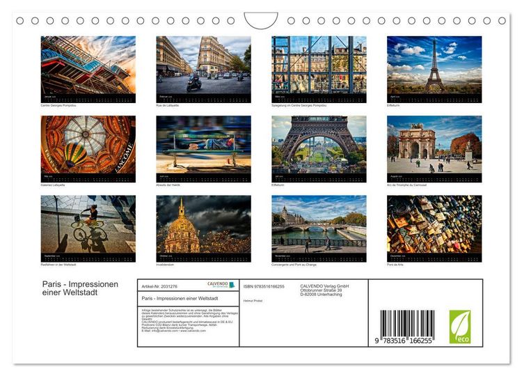 Produktbild: Paris - Impressionen einer Weltstadt (Wandkalender 2026 DIN A4 quer), CALVENDO Monatskalender