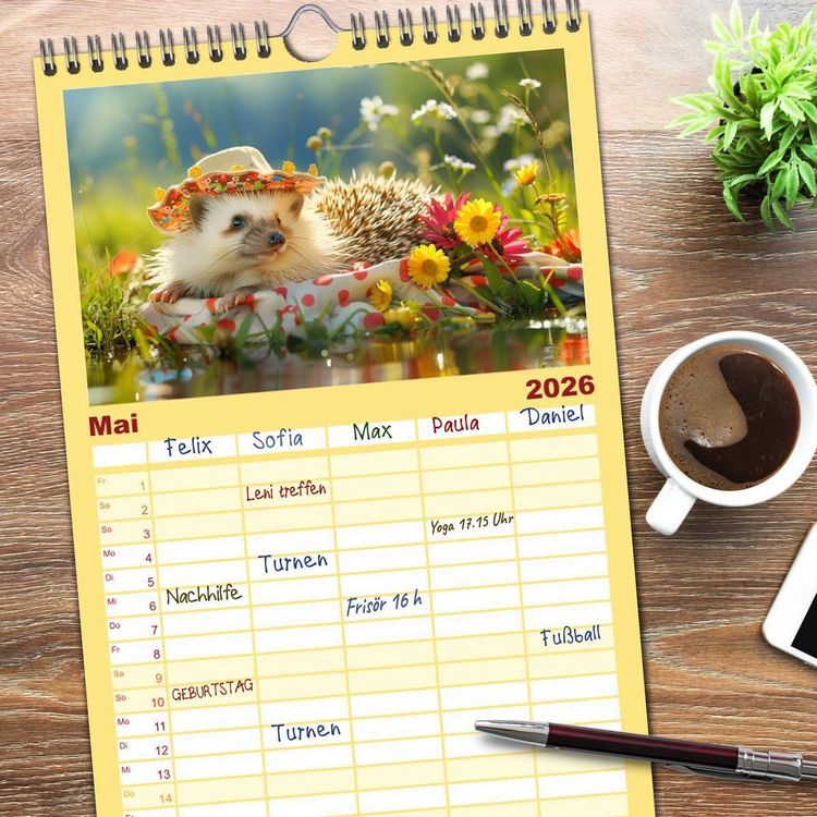 Produktbild: Familienplaner 2026 - Zauberhafte Igel-Models. Blumiger Stil in der Natur mit 5 Spalten (Wandkalender, 21 x 45 cm) CALVENDO