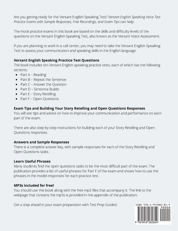 Produktbild: Versant English Speaking Voice Test Practice Exams with Sample Responses, Free Recordings, and Exam Tips