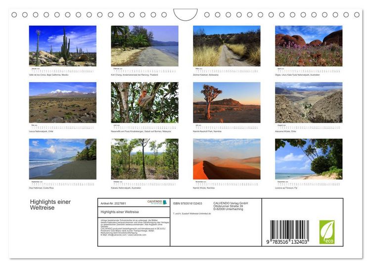 Produktbild: Highlights einer Weltreise (Wandkalender 2026 DIN A4 quer), CALVENDO Monatskalender