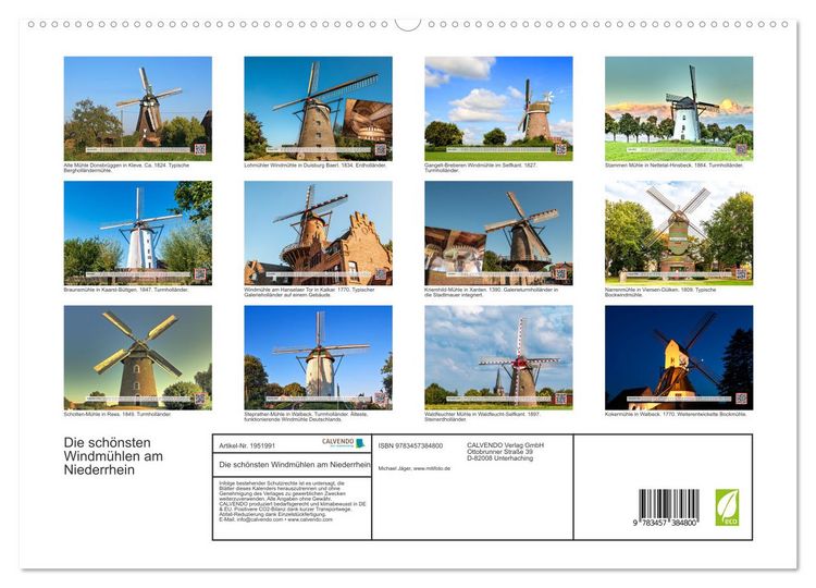 Produktbild: Die sch&ouml;nsten Windm&uuml;hlen am Niederrhein (hochwertiger Premium Wandkalender 2026 DIN A2 quer), Kunstdruck in Hochglanz
