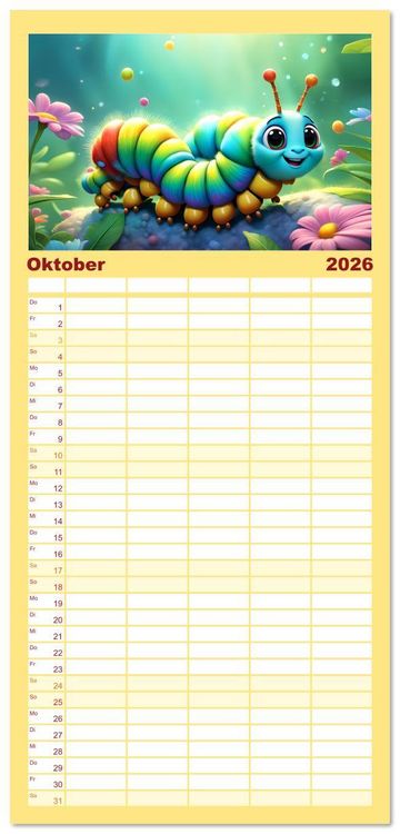 Produktbild: Familienplaner 2026 - W&uuml;rmchen Zauber mit 5 Spalten (Wandkalender, 21 x 45 cm) CALVENDO
