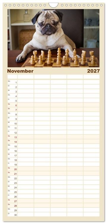 Produktbild: Familienplaner 2027 - Mops mit 5 Spalten (Wandkalender, 21 x 45 cm) CALVENDO