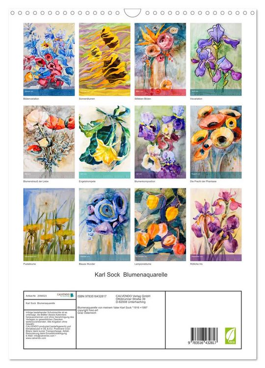 Produktbild: Karl Sock Blumenaquarelle (Wandkalender 2026 DIN A3 hoch), CALVENDO Monatskalender
