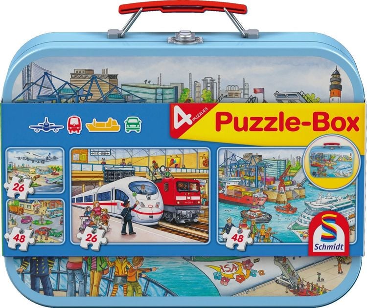 Produktbild: Puzzle Box Schmidt Spiele Verkehrsmittel im Metallkoffer 2x26, 2x48 Teile