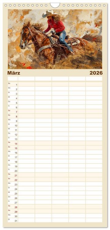 Produktbild: Familienplaner 2026 - Pferde, Staub und Freiheit mit 5 Spalten (Wandkalender, 21 x 45 cm) CALVENDO