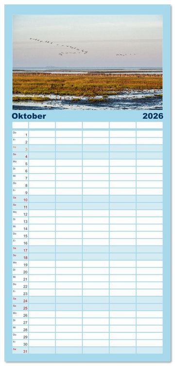 Produktbild: Familienplaner 2026 - Nordfriesland - weiter Horizont, faszinierende Natur, idyllische St&auml;dte mit 5 Spalten (Wandkalender, 21 x 45 cm) CALVENDO