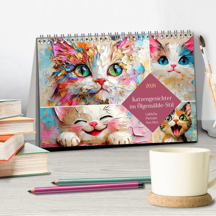 Produktbild: Katzengesichter im &Ouml;lgem&auml;lde-Stil. Liebliche Portraits f&uuml;rs Herz (Tischkalender 2026 DIN A5 quer), CALVENDO Monatskalender