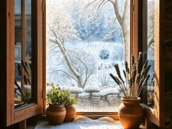Produktbild: CALVENDO Puzzle Winterstille vor dem Fenster | 1000 Teile Lege-Gr&ouml;&szlig;e 64x48cm Foto-Puzzle f&uuml;r gl&uuml;ckliche Stunden