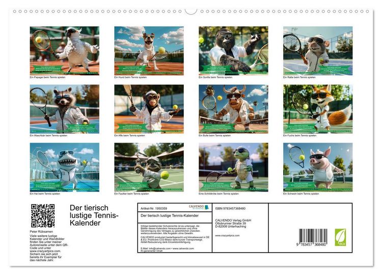 Produktbild: Der tierisch lustige Tennis-Kalender (hochwertiger Premium Wandkalender 2026 DIN A2 quer), Kunstdruck in Hochglanz