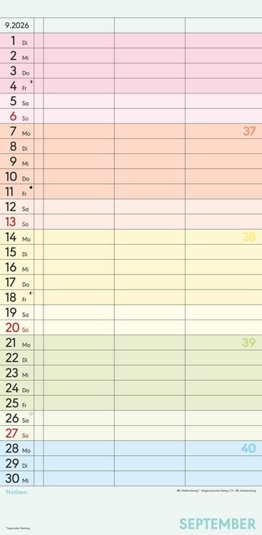 Produktbild: Superplaner Farbenfroh 2026 - Familien-Timer 22x45 cm - mit Ferienterminen - 3 Spalten - Wand-Planer - mit vielen Zusatzinformationen - Alpha Edition