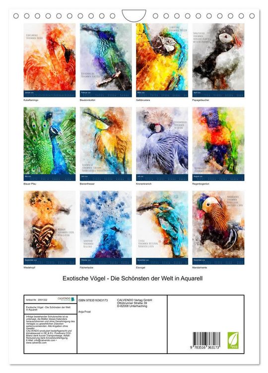 Produktbild: Exotische V&ouml;gel - Die Sch&ouml;nsten der Welt in Aquarell (Wandkalender 2026 DIN A4 hoch), CALVENDO Monatskalender