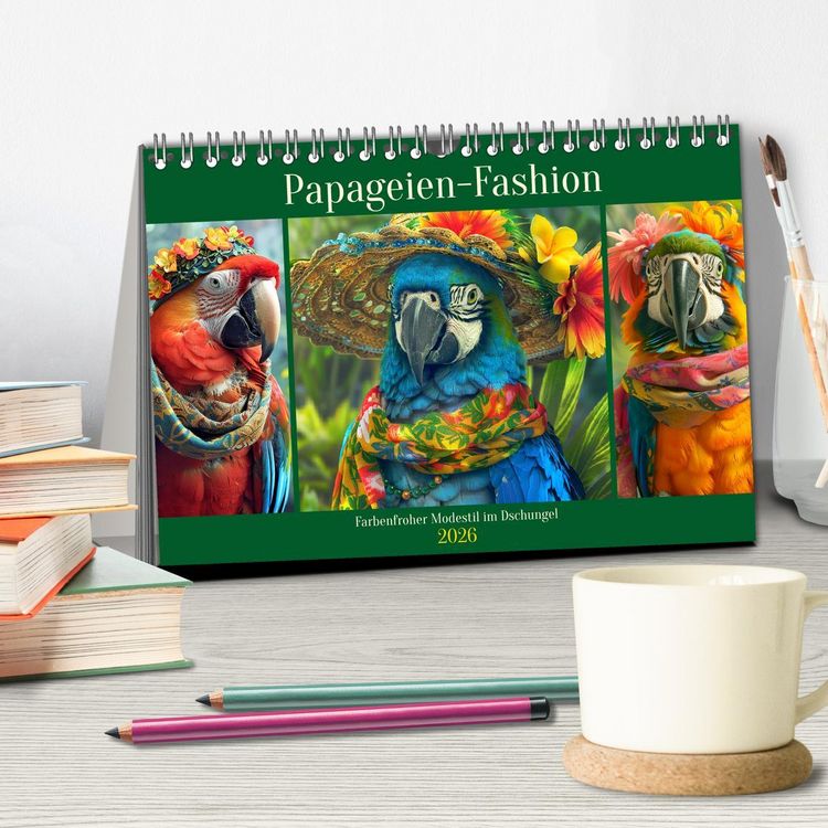 Produktbild: Papageien-Fashion. Farbenfroher Modestil im Dschungel (Tischkalender 2026 DIN A5 quer), CALVENDO Monatskalender