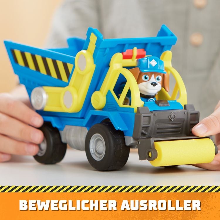 Produktbild: Rubble und Crew - Kipplaster-Baufahrzeug mit Wheeler-Figur, bewegliche Walze & Kippbr&uuml;cke, TV-Serie Spielzeug, f&uuml;r Kinder ab 3 Jahren