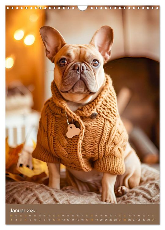 Produktbild: Frenchie Couture - Franz&ouml;sische Bulldoggen in Strick-Chic (Wandkalender 2026 DIN A3 hoch), CALVENDO Monatskalender