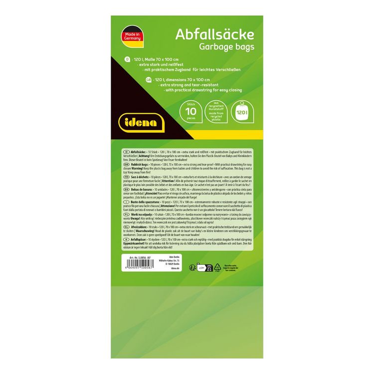 Produktbild: Idena Abfalls&auml;cke mit Zugband extra stark rei&szlig;fest 40&micro; 120l blau 70x100cm 10 St&uuml;ck