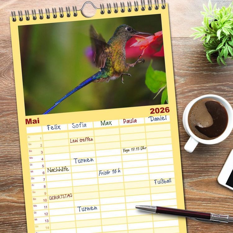Produktbild: Familienplaner 2026 - Kolibris; Anmut, Sch&ouml;nheit, Farben mit 5 Spalten (Wandkalender, 21 x 45 cm) CALVENDO
