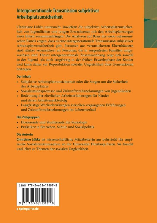 Produktbild: Intergenerationale Transmission subjektiver Arbeitsplatzunsicherheit