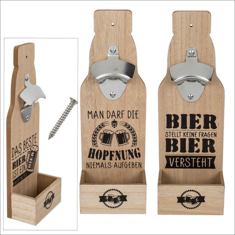 Produktbild: Metall-Flaschen&ouml;ffner auf Holzbrett mit Aufh&auml;ngevorrichtung f&uuml;r Kronkorken, &Uuml;berraschungsmotiv