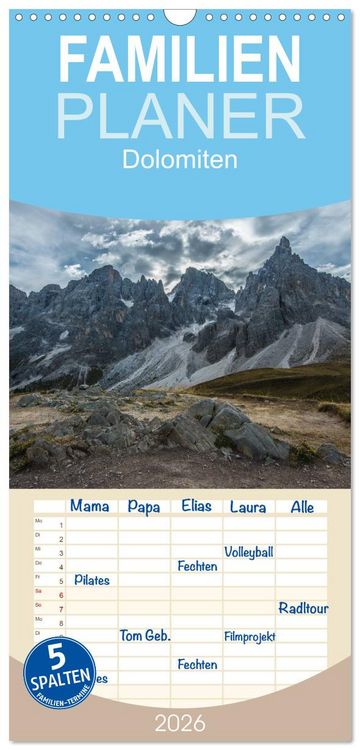 Produktbild: Familienplaner 2026 - Dolomiten mit 5 Spalten (Wandkalender, 21 x 45 cm) CALVENDO
