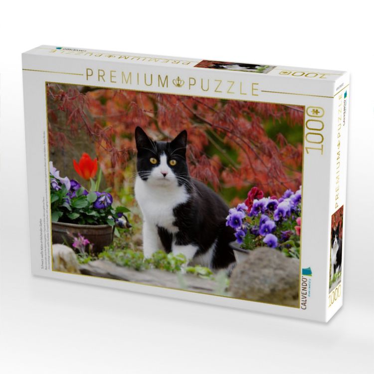 Produktbild: CALVENDO Puzzle Schwarz-wei&szlig;e Katze im bl&uuml;henden Garten | 1000 Teile Lege-Gr&ouml;&szlig;e 64x48cm Foto-Puzzle f&uuml;r gl&uuml;ckliche Stunden
