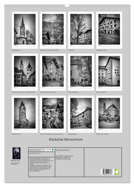 Produktbild: Kitzb&uuml;hel Monochrom (Wandkalender 2026 DIN A2 hoch), CALVENDO Monatskalender